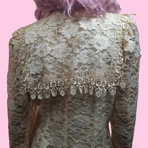 Vintage 80s Cream Lace Sailor Collar Blouse Size M Victorian Romantic Cottage - Picture 6 of 7